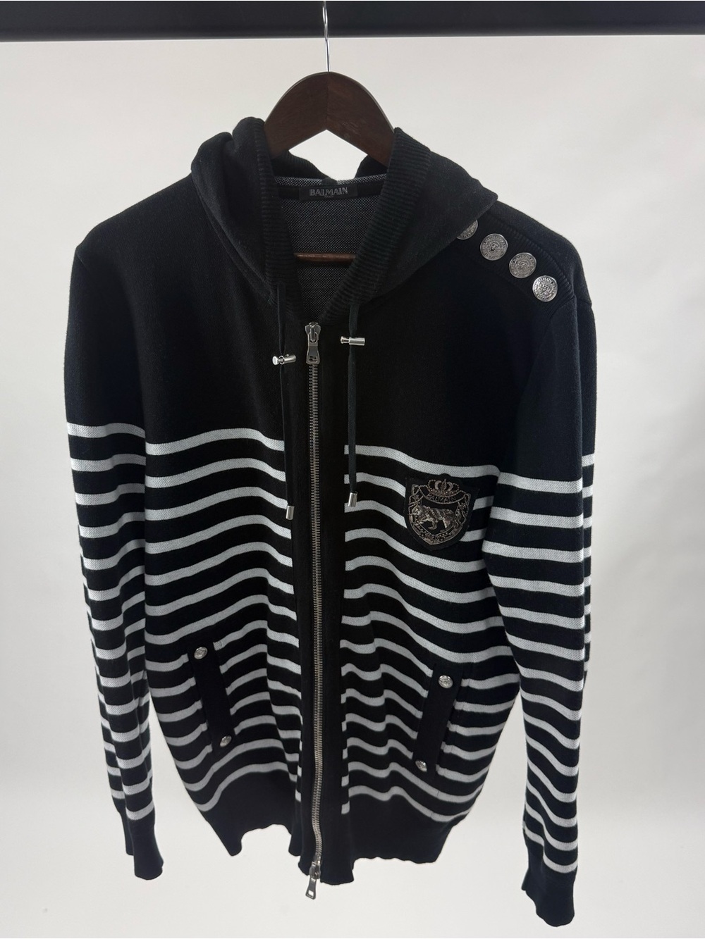 Balmain Black & White Striped Zip Hoodie with Crest and Buttons